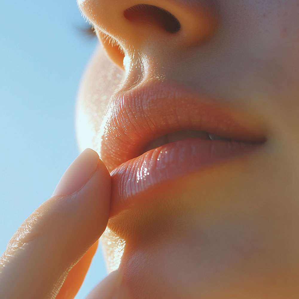 Frau berührt ihre Lippe